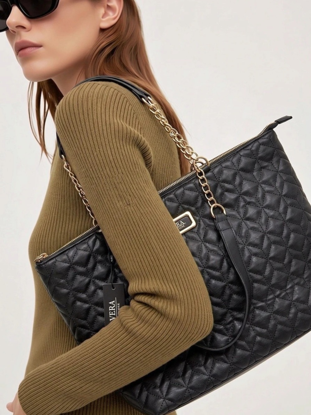 Vera New York Wellsley Black Quilted Shoulder Bag Partial Gold Chain Straps Tote
